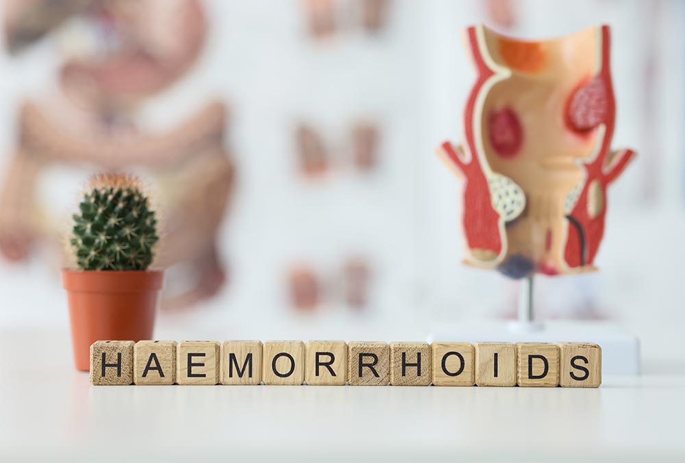 Word Hemorrhoids made of wooden cubes against rectal model