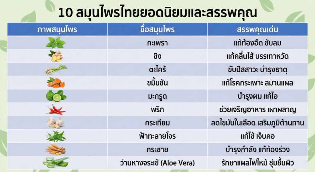 ตารางสรุปรายชื่อสมุนไพรไทย 10 ชนิดและสรรพคุณ